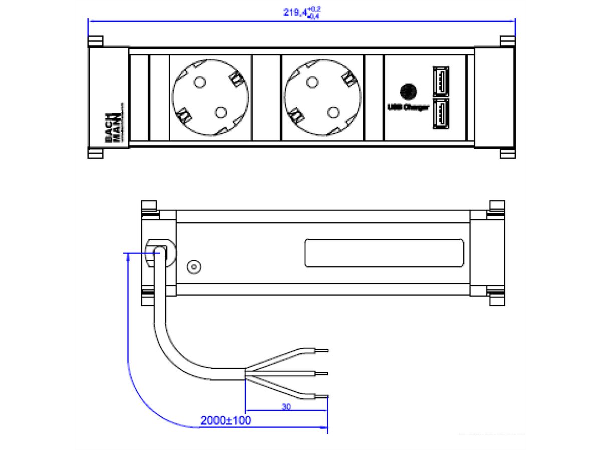 BACHMANN POWER FRAME 2xCEE7/3 USB Chargr, Power 2.0m AEH