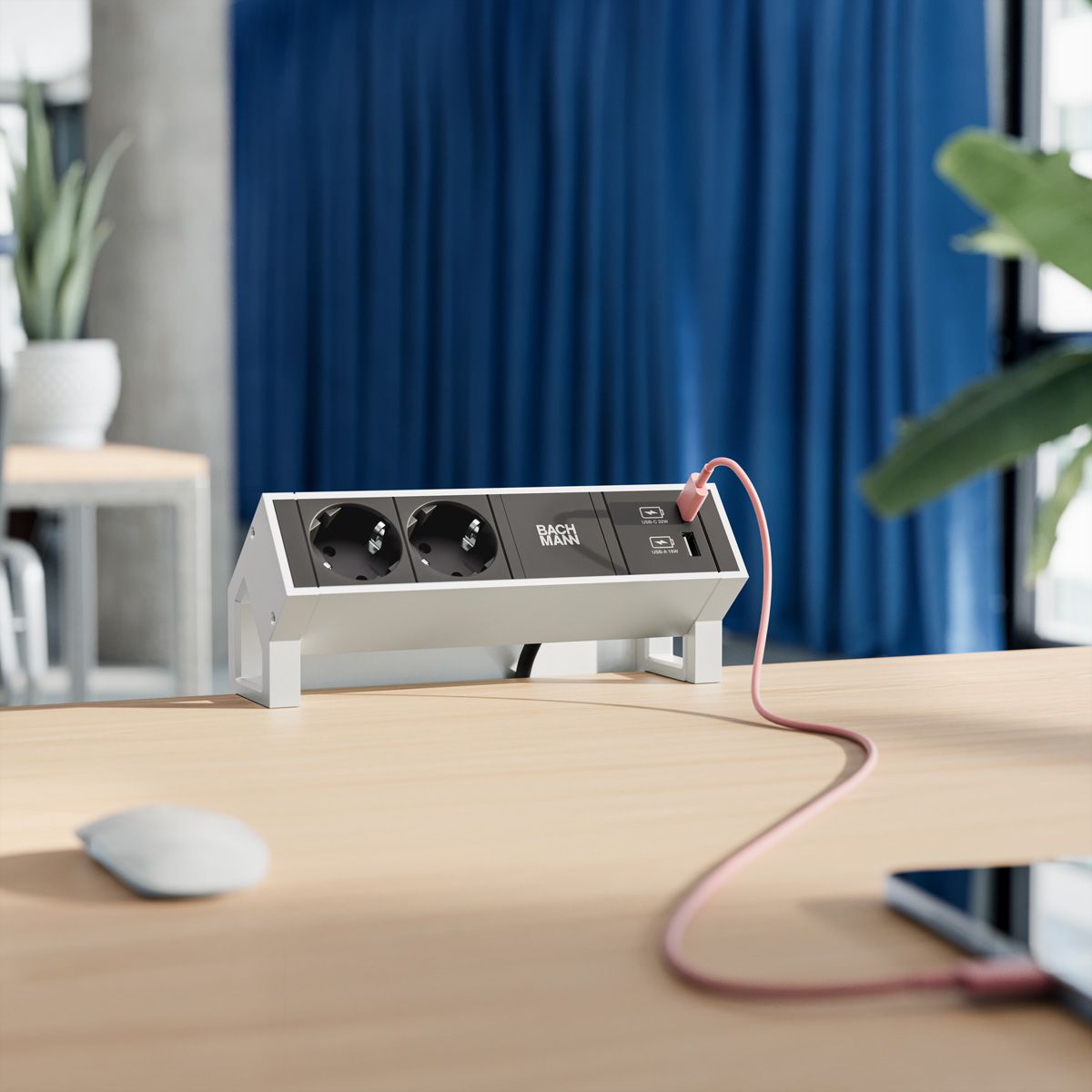BACHMANN DESK2 2x geaard stopcontact USB A&C, USB Lader 22W 0.2m GST18 INOX