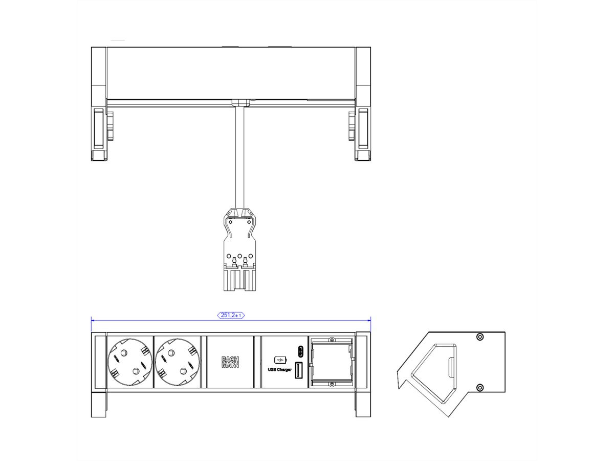 BACHMANN DESK2 2xbeschermend contact USB A&C, USB Lader 22W 1xABD 0,2m GST18 zwart