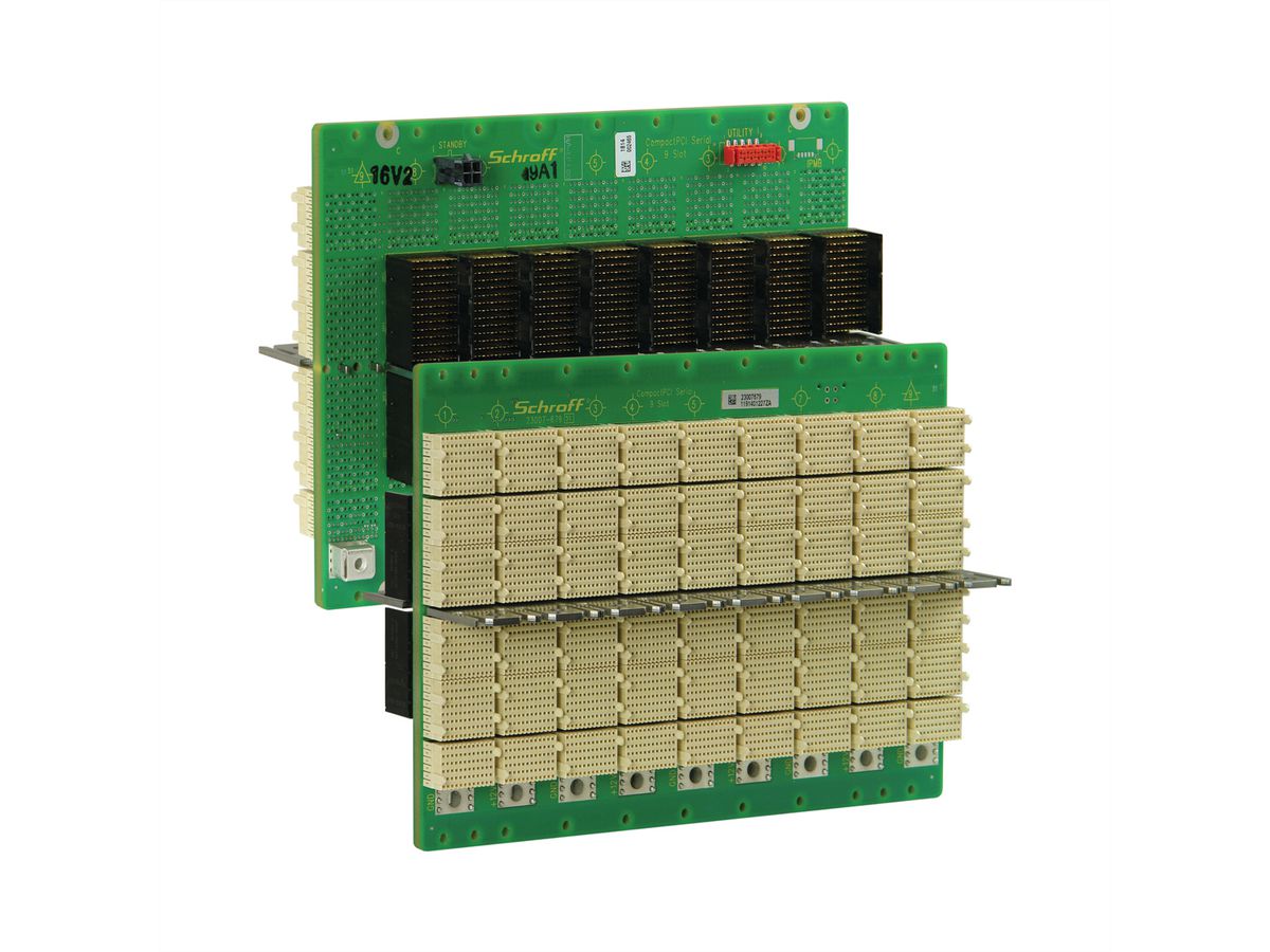 SCHROFF CPCI seriële backplane, 3 HE, 9 sleuven, systeemsleuf rechts, enkele ster, met RIO