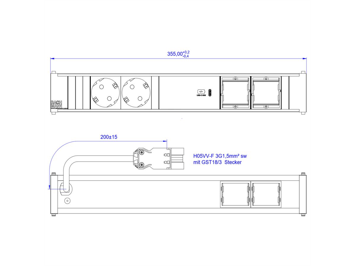 BACHMANN CONI 2xCEE7/3 1xUSB C 60W, earthing contact GST18 plug