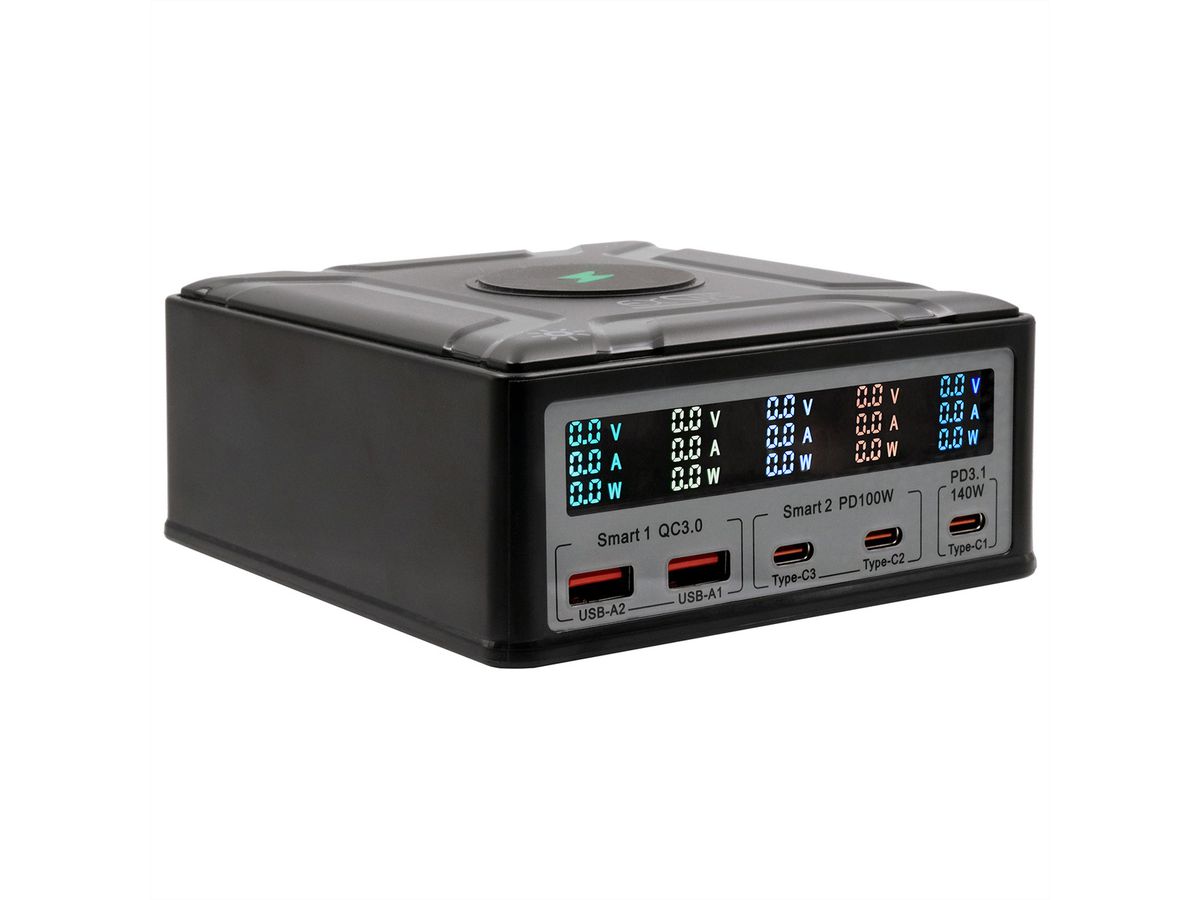 EXSYS EX-1107 Multiport High Power Charger mit QI 15W und USB-C PD mit max. 260W