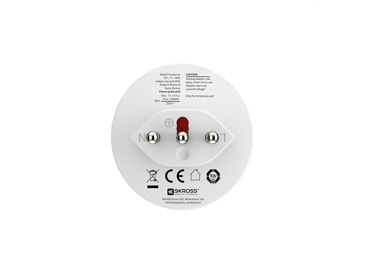 Skross Europe to Switzerland + Italy + Brazil Travel Adapter, For 2- and 3-pole devices  (Safety Contact or Euro plug)