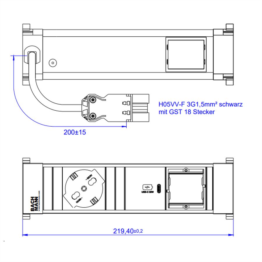 BACHMANN POWER FRAME S 1xP40 1xUSB C 30W, 1xCM 0.2m GST18 Italia