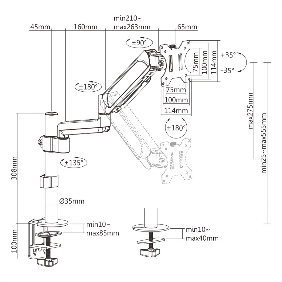 VALUE Single Monitor Arm, Pole Mount, 4 Joints, Desk Clamp