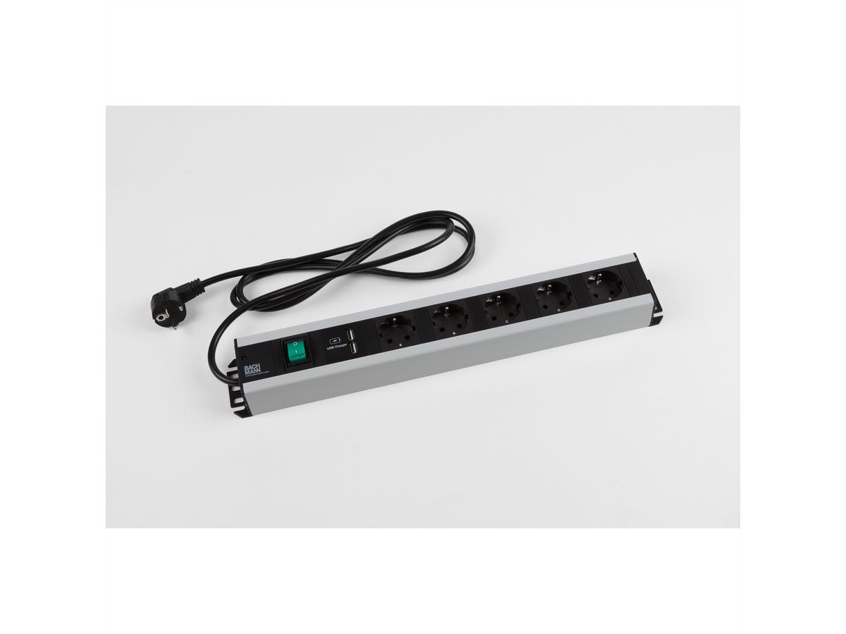 BACHMANN stekkerdoos, 5x geaard contact, met schakelaar, 2x USB oplader, geschikt voor 19" kast, 2 m