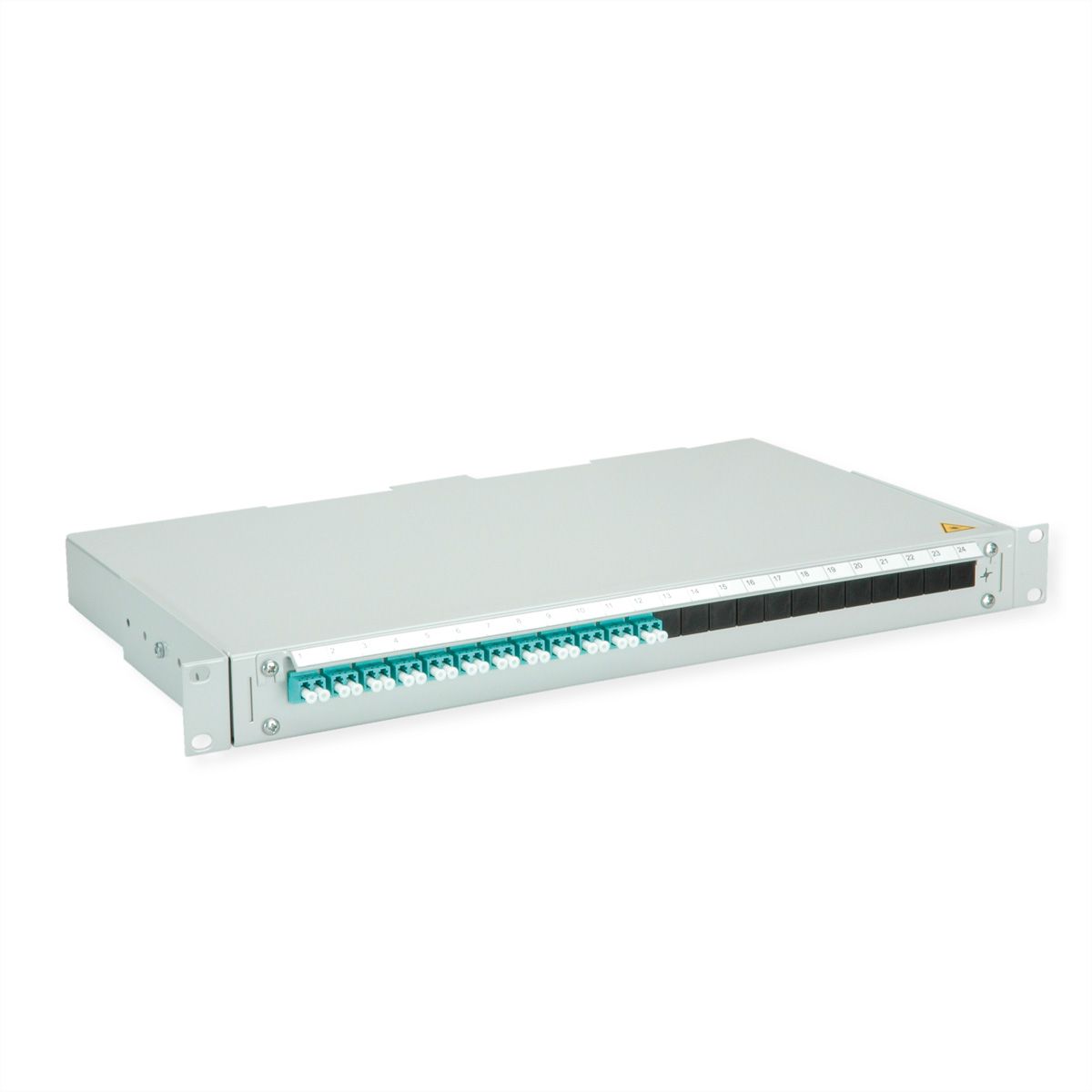 TELEGÄRTNER BASIS V LWL-Panel mit Kupplungen & Pigtails, 12x LC Duplex, türkis, OM3
