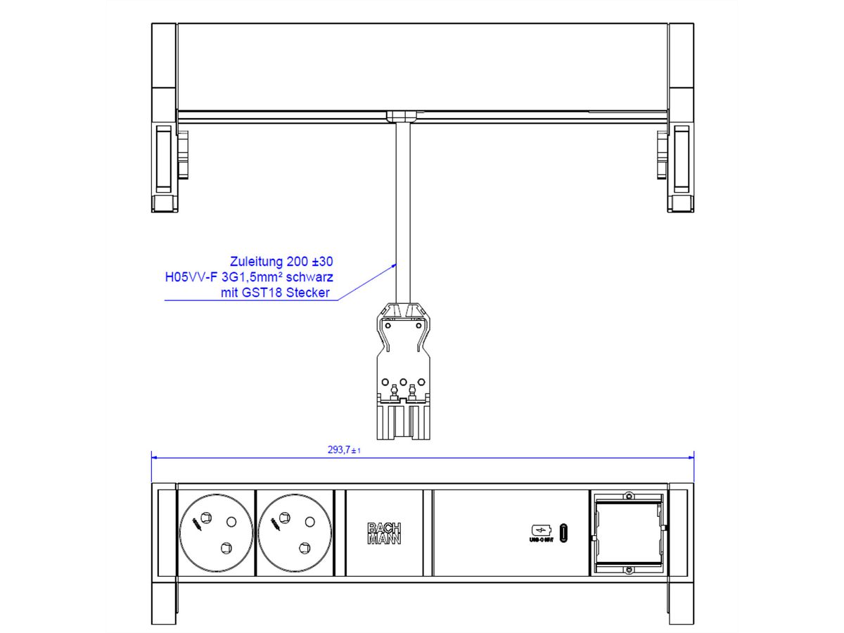 BACHMANN DESK2 2xUTE 1xUSB C 60W 1xCM 0.2m GST18 RAL9005