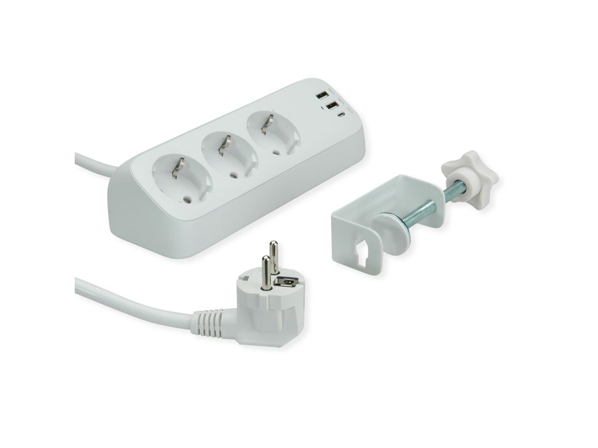 VALUE Power Strip, 3-way, with 3x USB (1x C + 2x A) and table clamp, 1.5 m