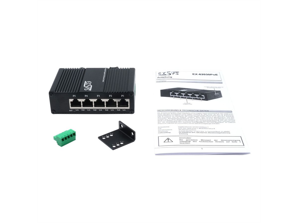 EXSYS EX-62030MPOE Mini 5-Port Industrial Gigabit PoE+ Switch, Web-Managed