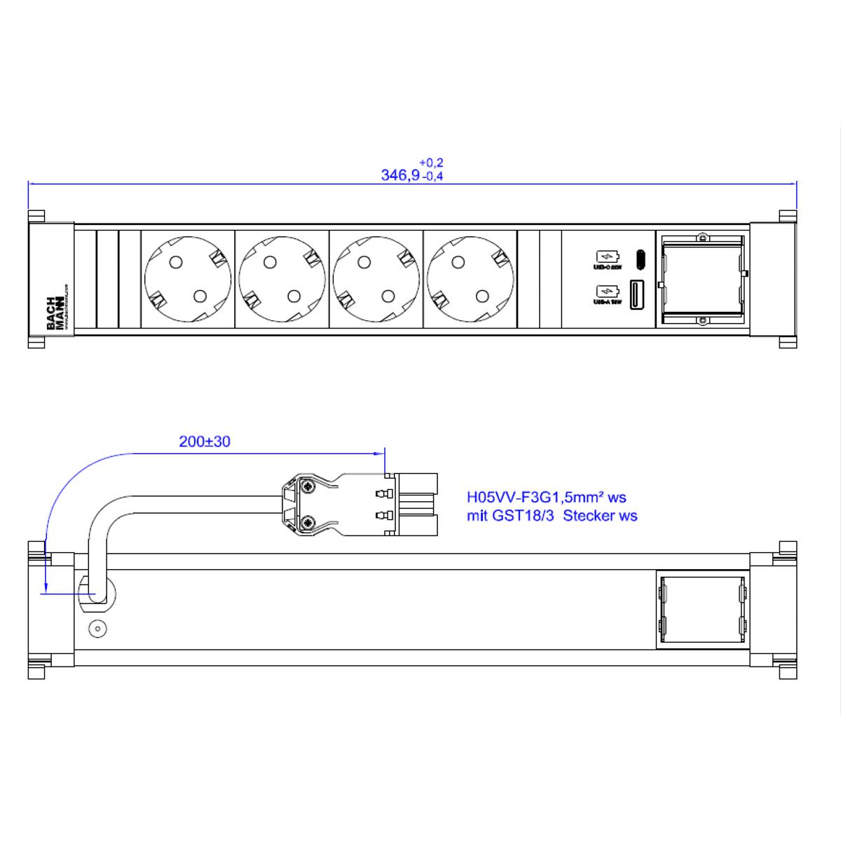 BACHMANN POWER FRAME 4xCEE7/3 1xCM 1xUSB A/C 22W 0,2m RAL9010