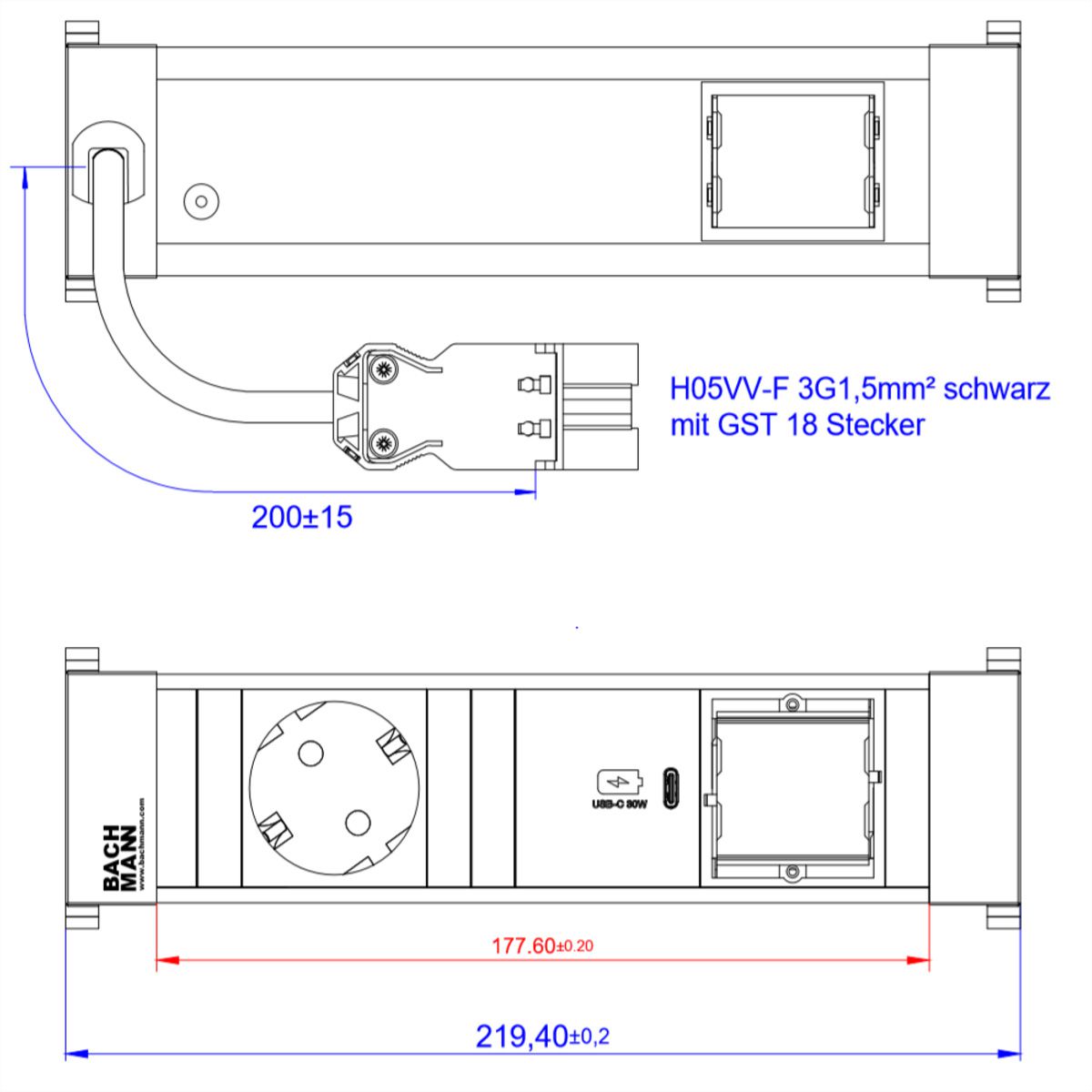 BACHMANN POWER FRAME 1xCEE7/3, 1xUSB C 30W 1xCM 0.2m GST18