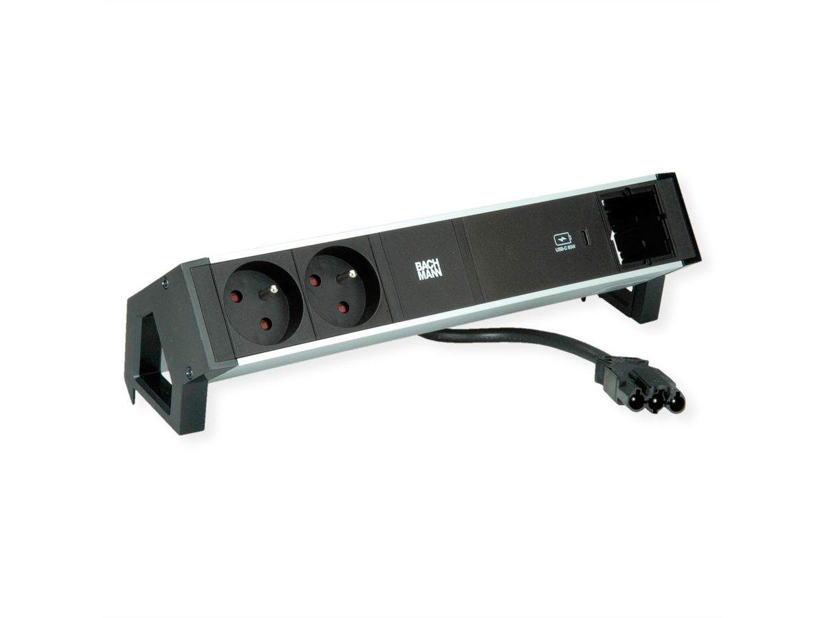 BACHMANN DESK2 ALU ZWART 2xUTE 1xCM 1xUSBC 60W 0,2m GST18