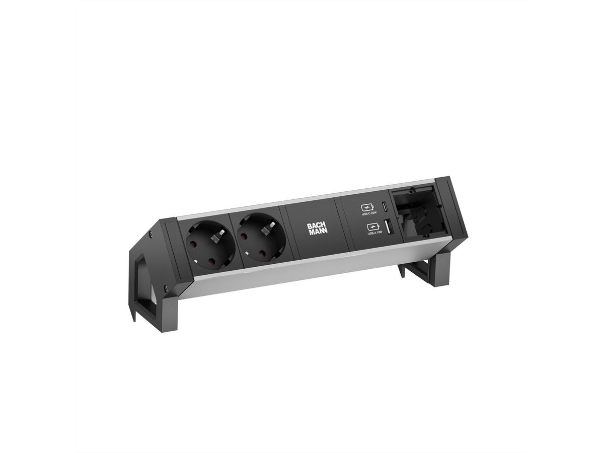 BACHMANN DESK2 ALU BLACK 2xProtect.USB, USB Charger 22W A&C 1xABD 0.2m GST18
