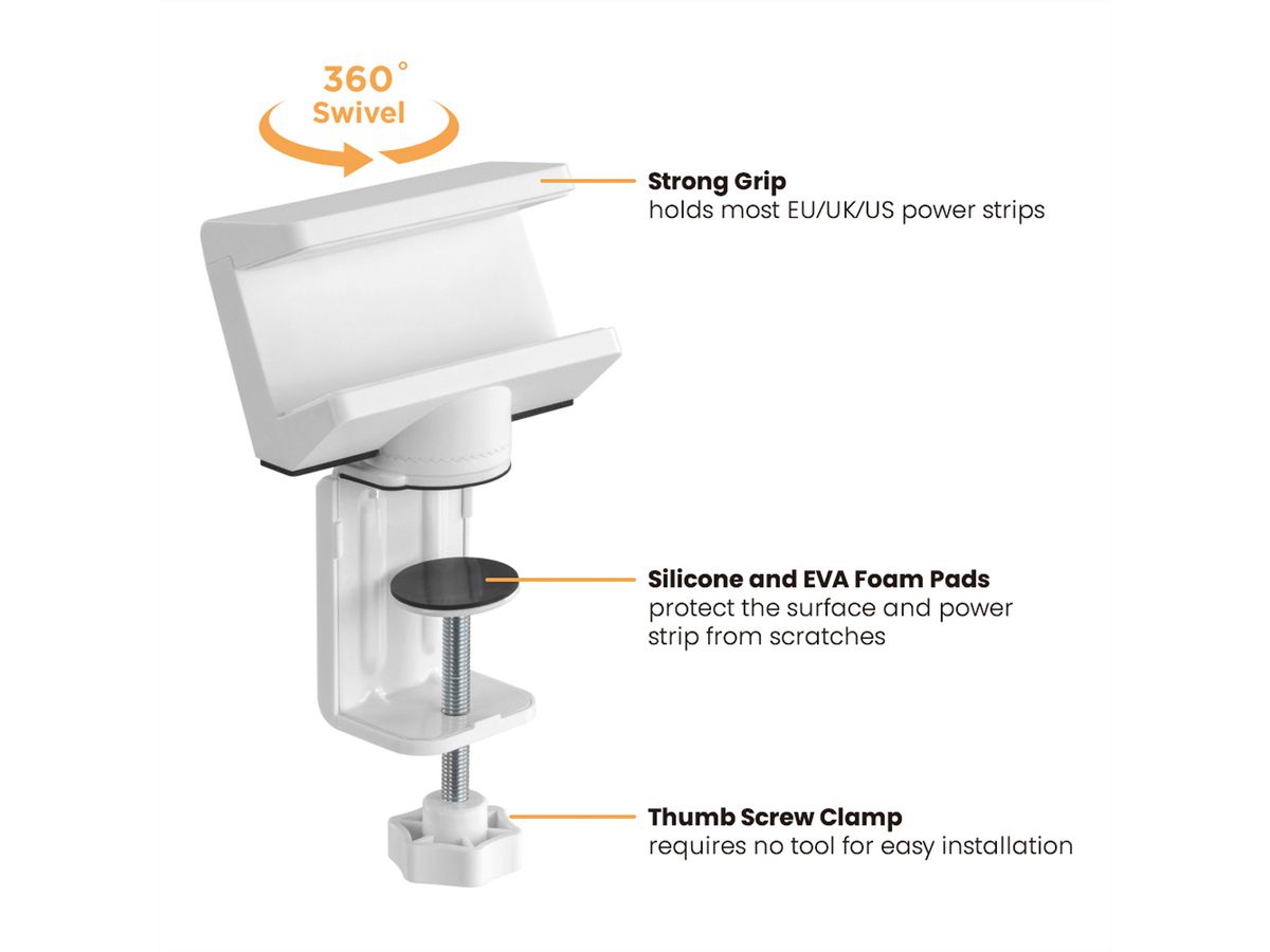 VALUE Clamp-On Power Strip Holder, 360°, white