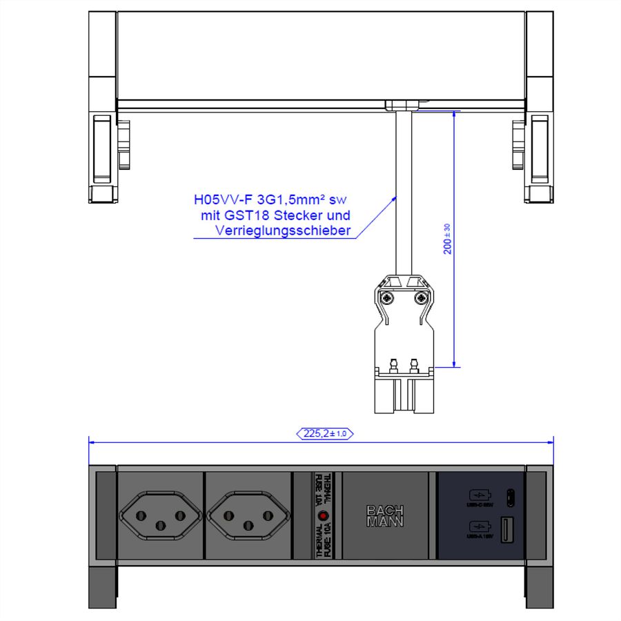 BACHMANN DESK2 2xCH 1xUSB A/C 22W, 0.2m GST18 RAL9010 Switzerland