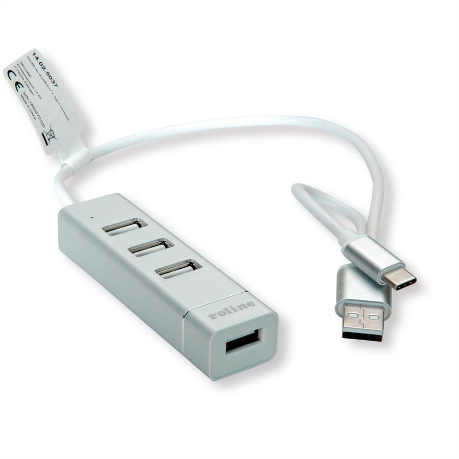 ROLINE USB 2.0 notebook hub, 4 poorten, type A+C aansluitkabel