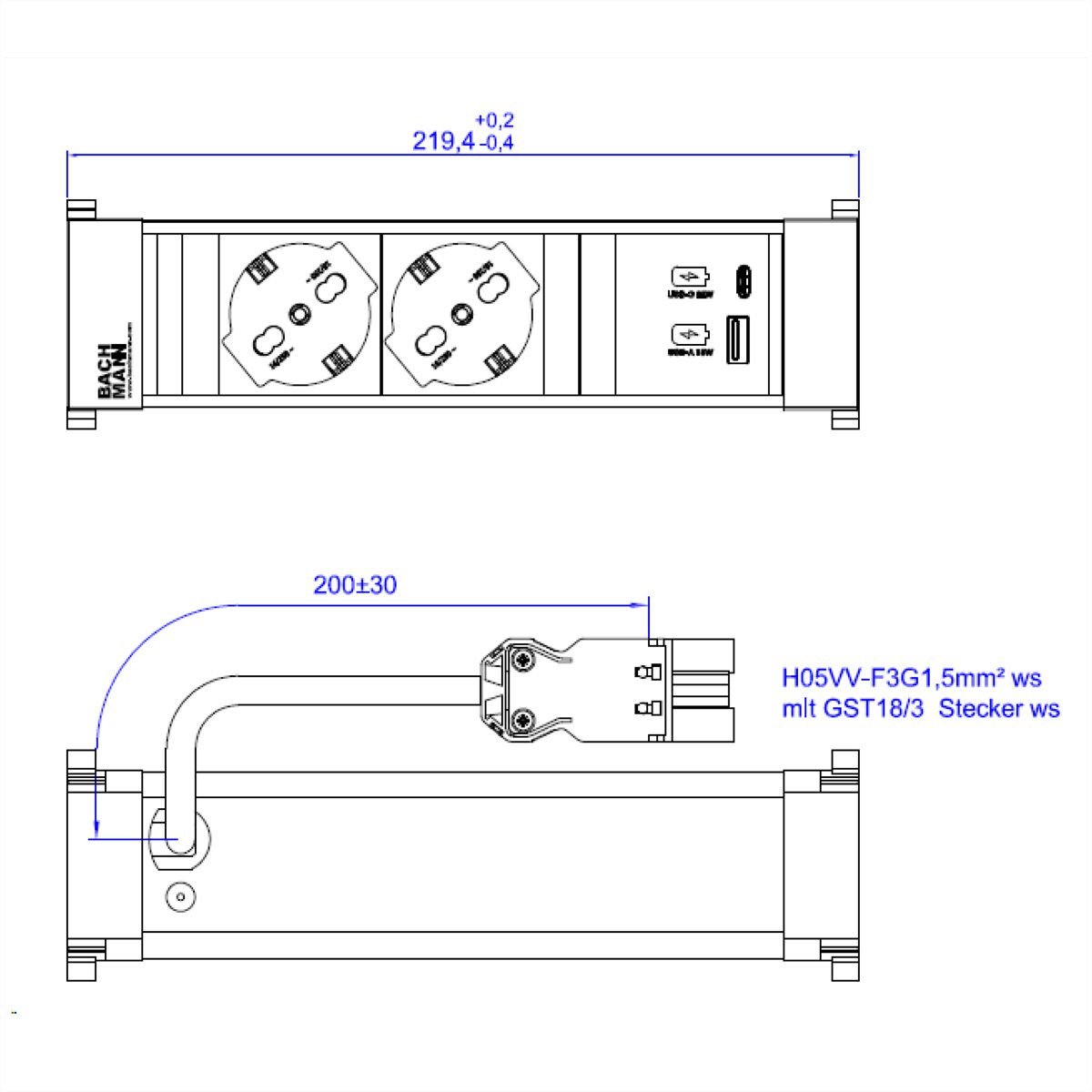 BACHMANN POWER FRAME 2xP40 1xUSB A/C 22W 0.2m GST18