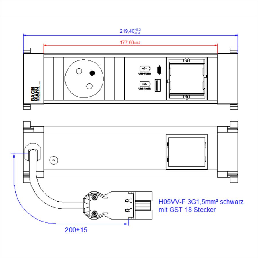 BACHMANN POWER FRAME S 1xUTE 1xCM 1xUSB A/C 22W 0.2m GST18