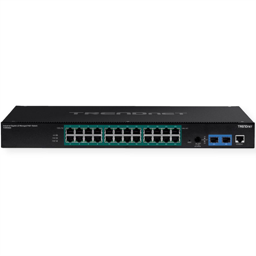 TRENDnet TI-RP262i 26-poorts industriële rackmount PoE+ switch Gigabit L2 beheerd