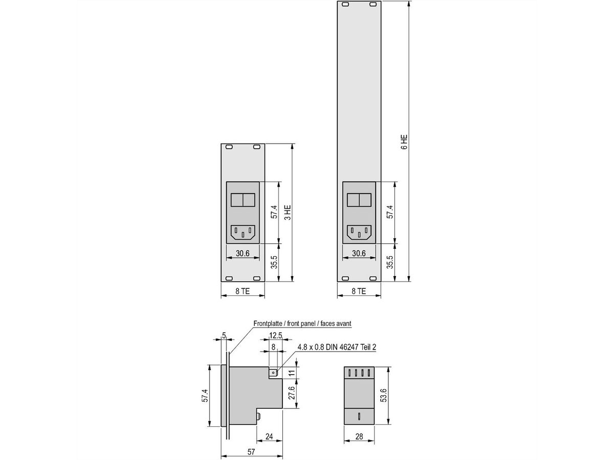 SCHROFF Frontpaneel met AC-ingangsmodule, 6 HE, 8 HE, 2,5 mm, Al, geanodiseerd, onbehandelde randen
