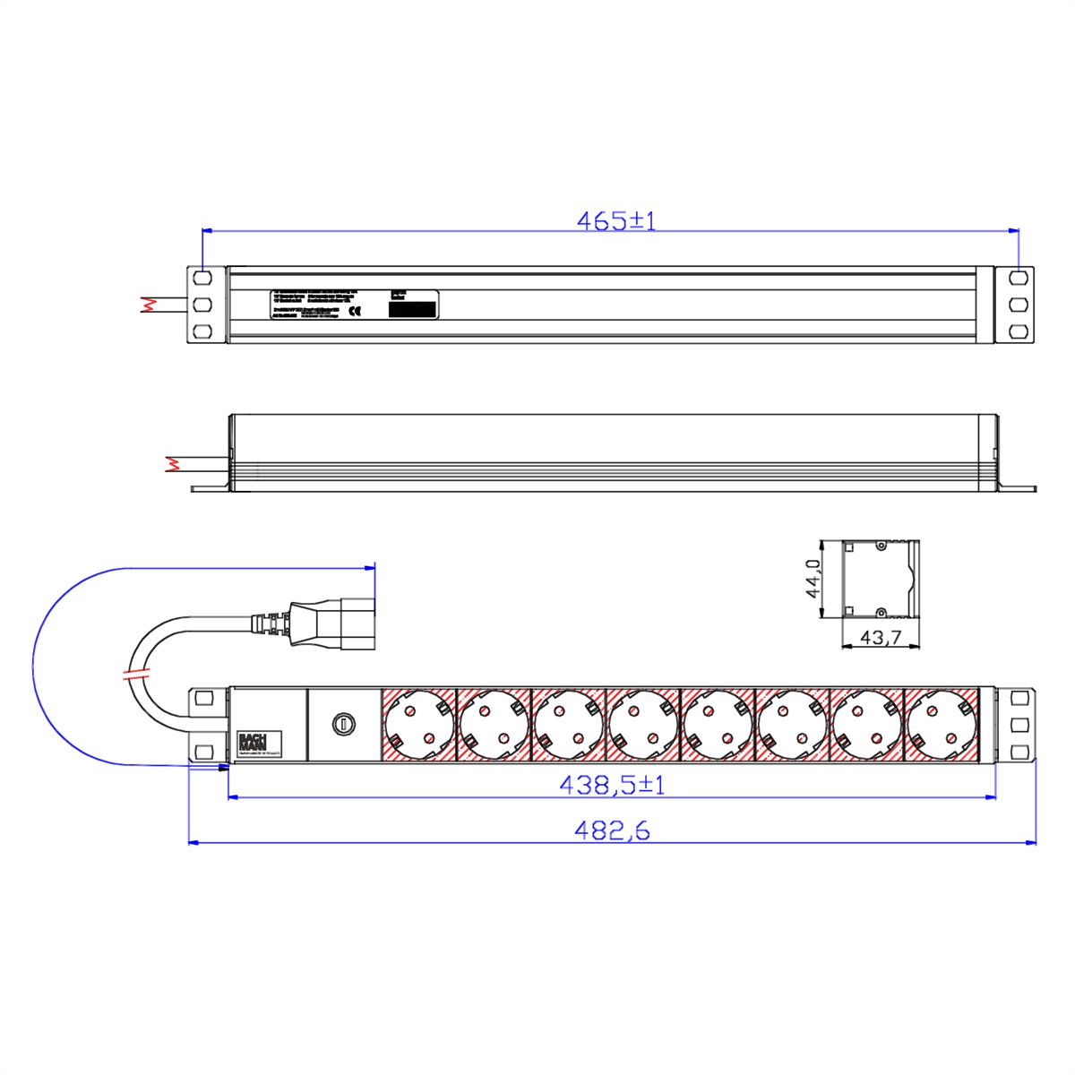 BACHMANN 19" stekkerdoos 8-voudig 2300W, IEC320 C14 stekker, zwart, zwart
