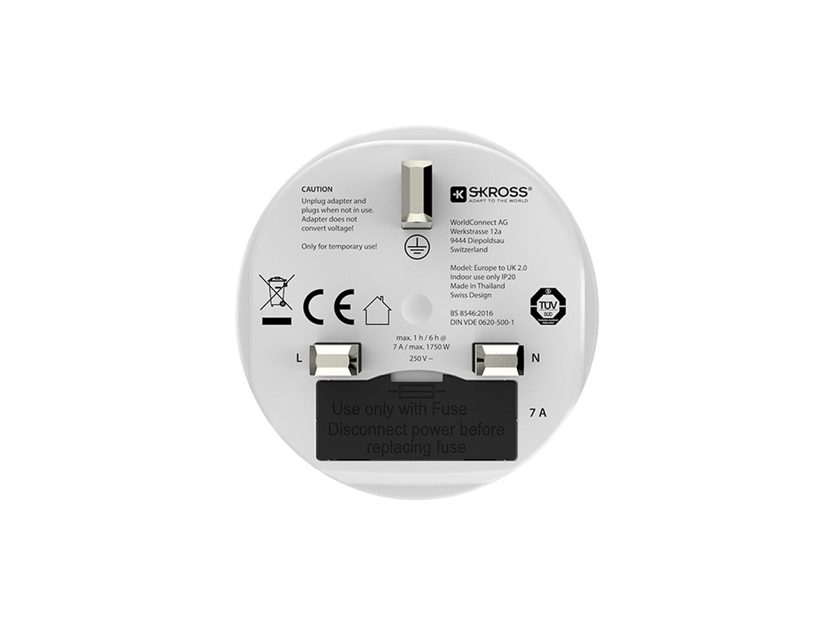 Skross Europe to UK Travel Adapter, for 2- and 3-pole devices