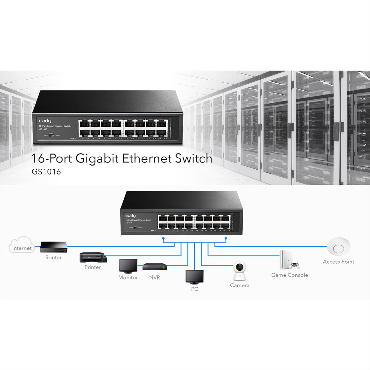 CUDY GS1016 16-poorts Gigabit Metalen Switch