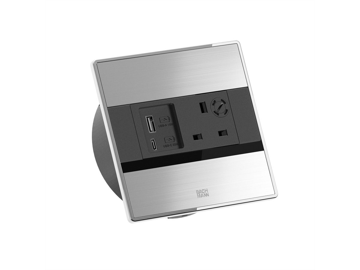 BACHMANN SENSE stainless steel look 1x UK, 1x USB A/C L=2.0m UK13A