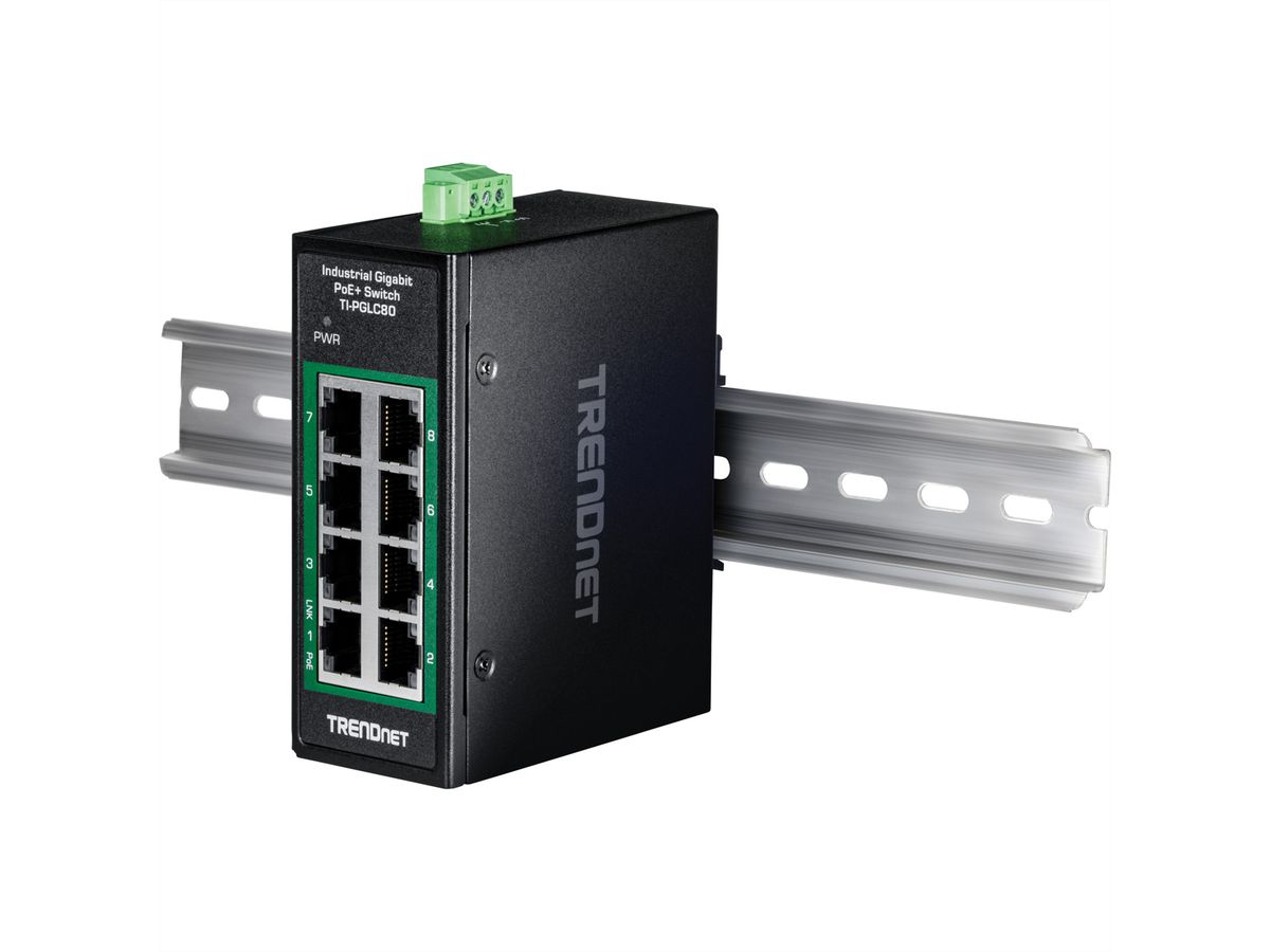 TRENDnet TI-PGLC80 8-poorts Gigabit PoE+ industriële DIN-rail Mini Switch