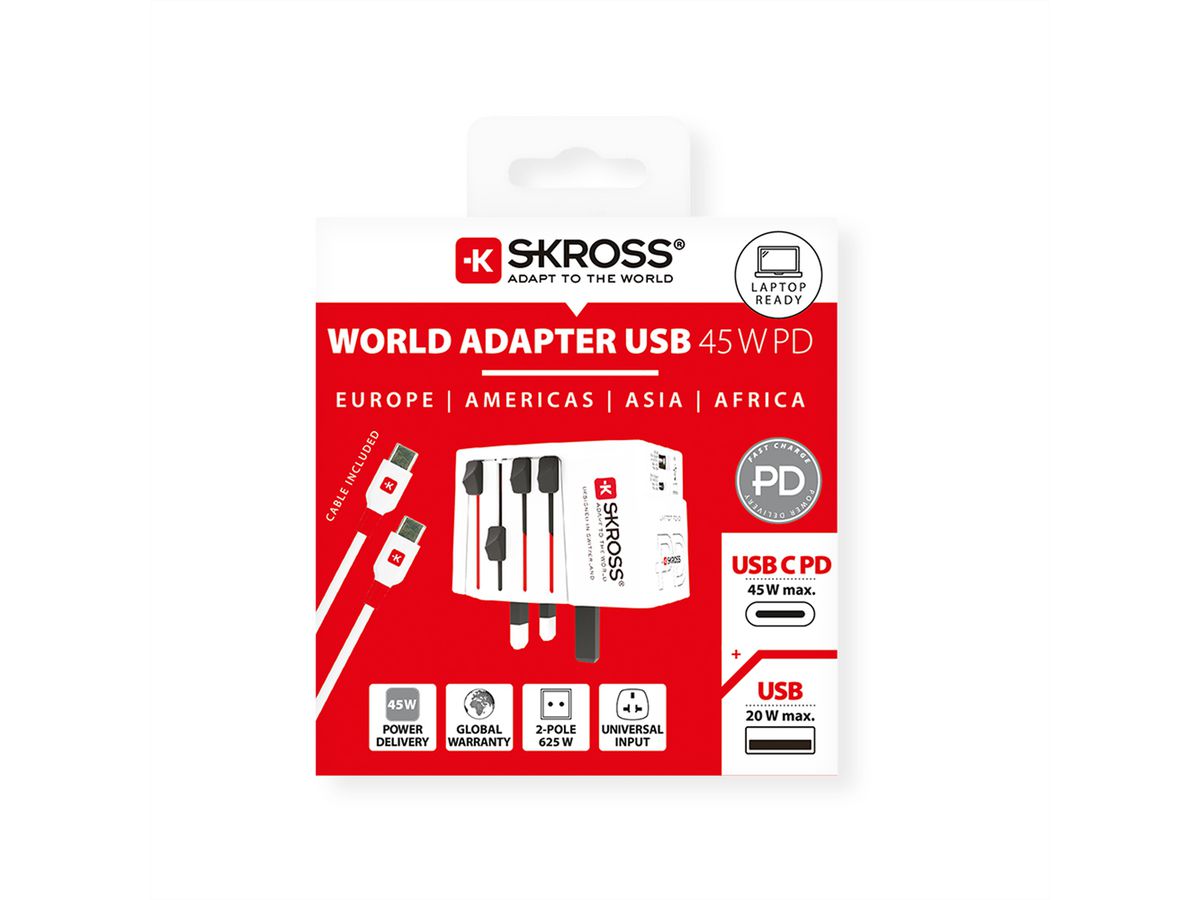 Skross MUV USB AC45PD World Travel Adapter with USB C cable, worldwide