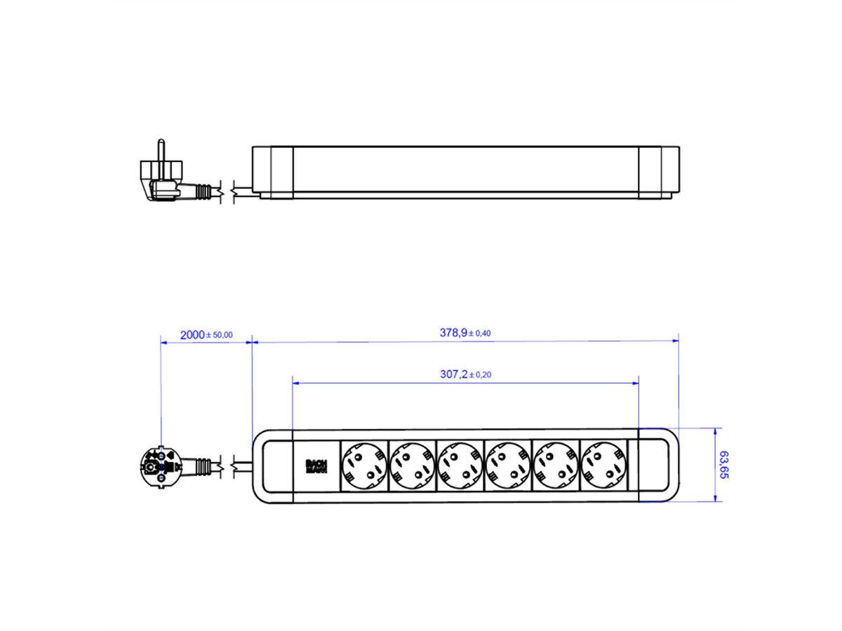 BACHMANN PRIMO2 stekkerdoos 6-voudig geaard, aluminium, zwart, 2 m