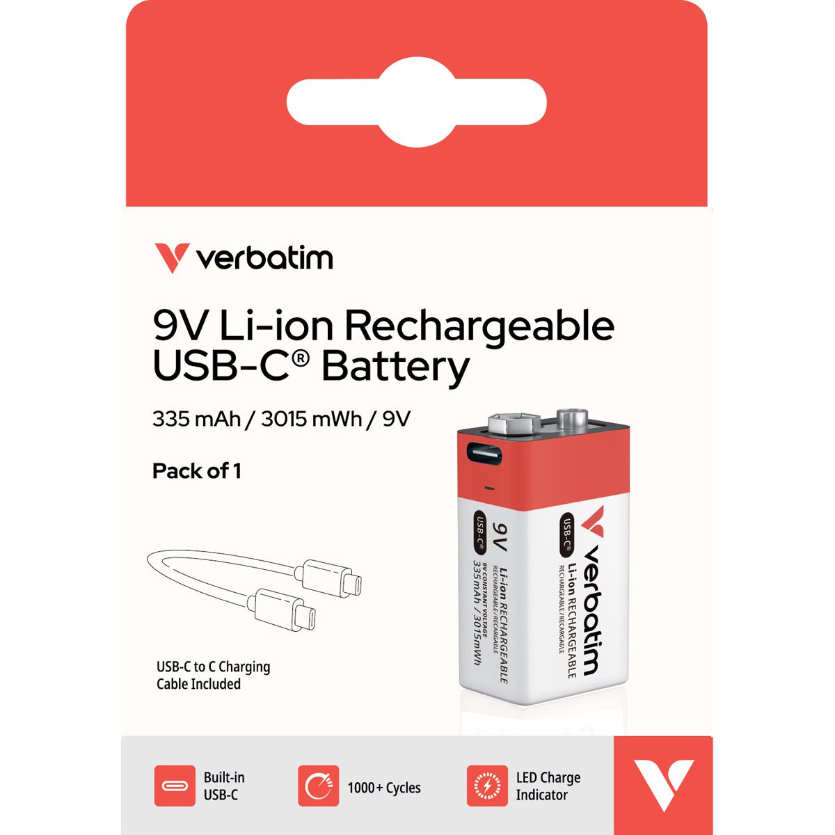 VERBATIM 9V-Akku mit USB-C-Anschluss Li-Ion 335mAh