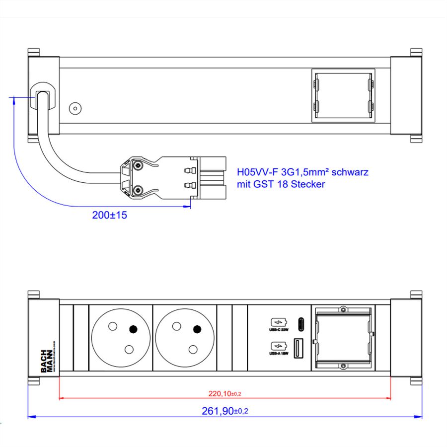 BACHMANN POWER FRAME M 2xUTE 1xCM 1xUSB A/C 22W 0.2m GST18