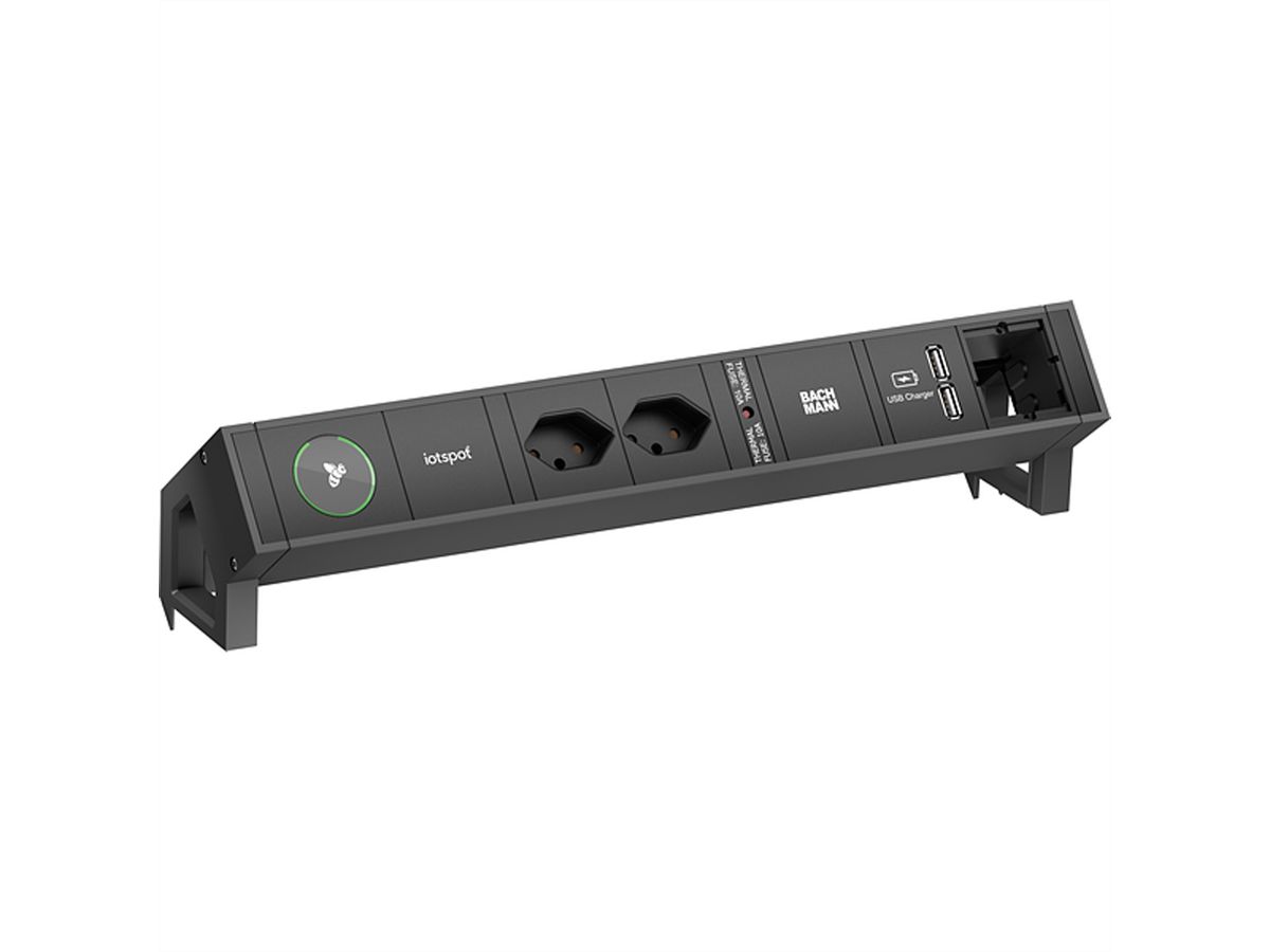 BACHMANN DESK2 iotspot 2xCH USB Oplader, 1xCM 0,2m GST18, zwart, Zwitserland