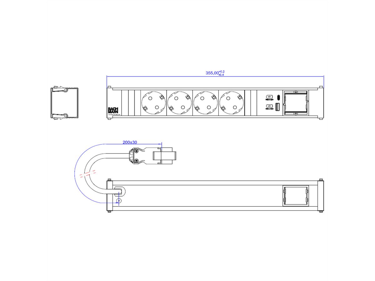 BACHMANN CONI 4xCEE7/3 1xUSB A/C 22W 1xCM 0.2m GST18 RAL9010