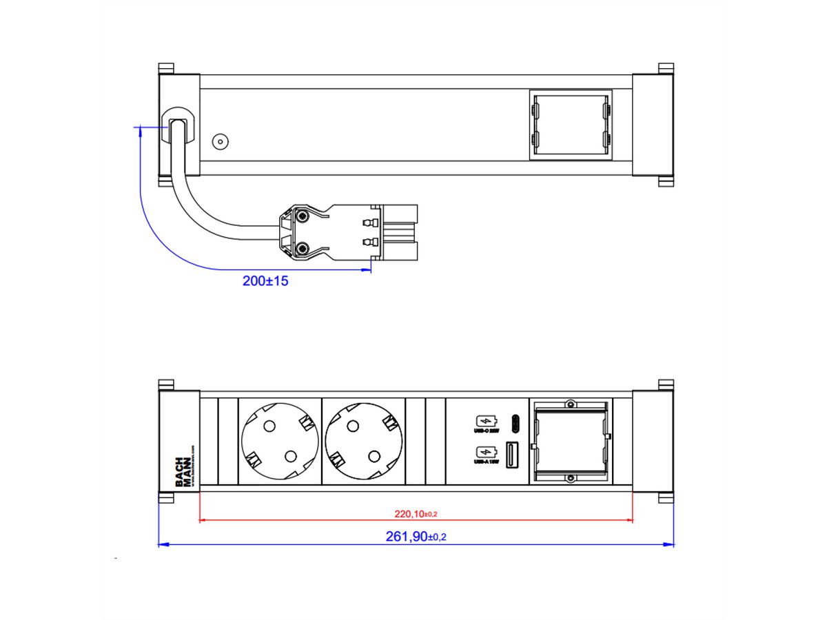 BACHMANN POWER FRAME M 2xCEE7/3, 1xUSB A&C 22W 1xCM 0.2m GST18