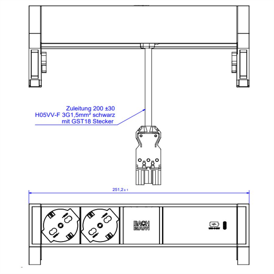 BACHMANN DESK2 ALU ZWART 2xP40, 1xUSBC 60W 0,2m GST18 Italië
