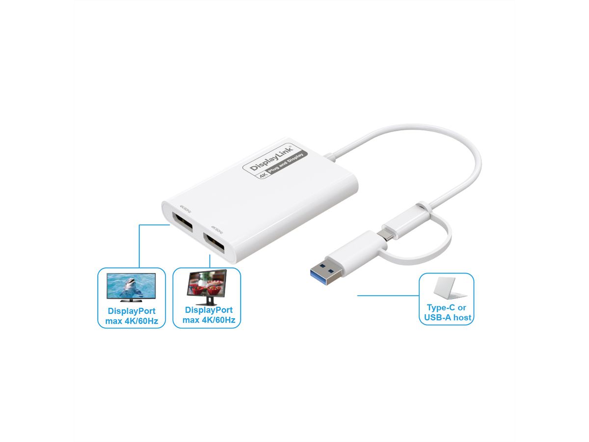 ROLINE Multi-DisplayLink Adapter USB Type A+C - 2x DP, 4K
