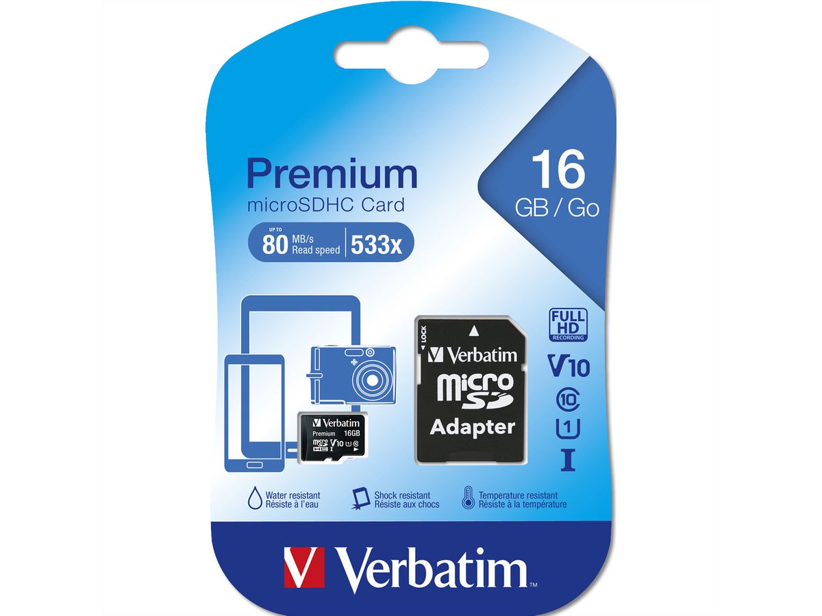 VERBATIM microSDHC Card 16GB Class 10 Retail