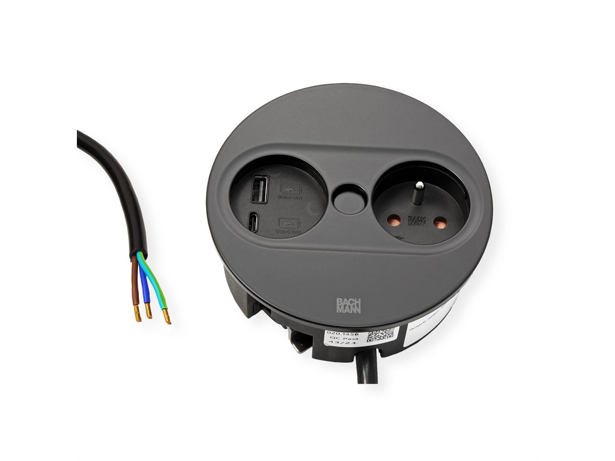 BACHMANN TWIST 2 1xUTE 1xUSB A/C 22W 2.0m AEH RAL9005 30GE round