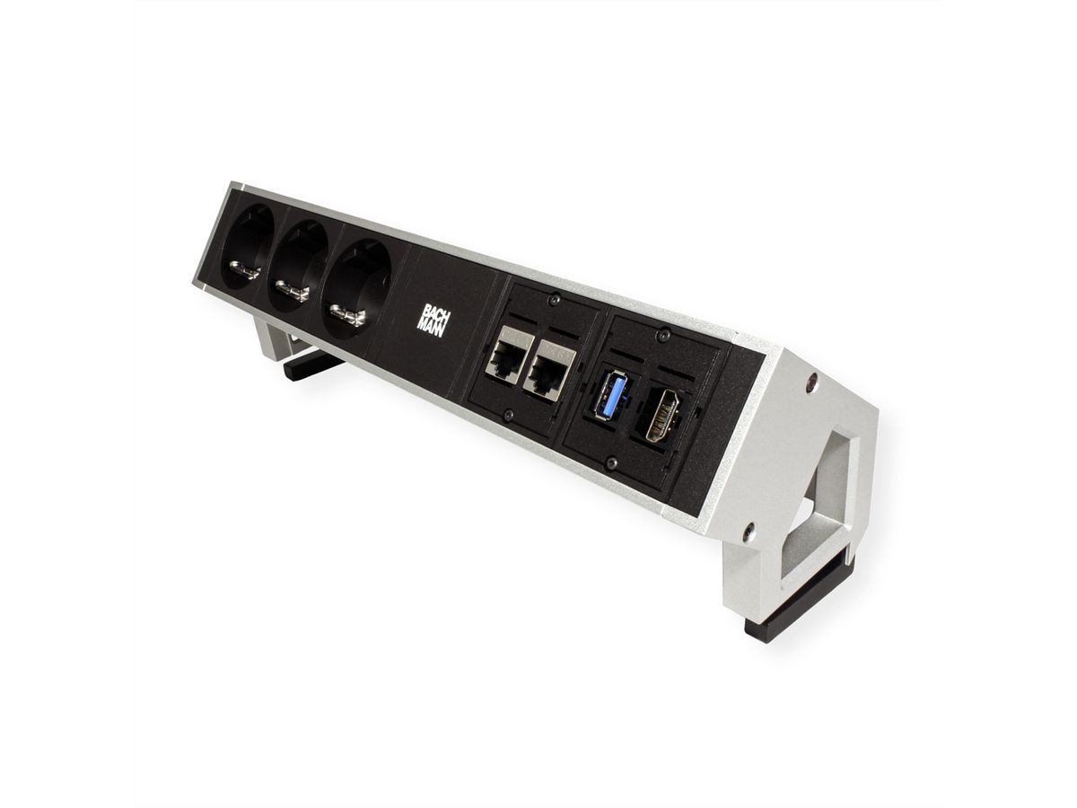 BACHMANN DESK2 3x earthing contact, 2x CAT6, 1x HDMI, 1x USB 3.0, Supply cable GST18 0.2m, INOX