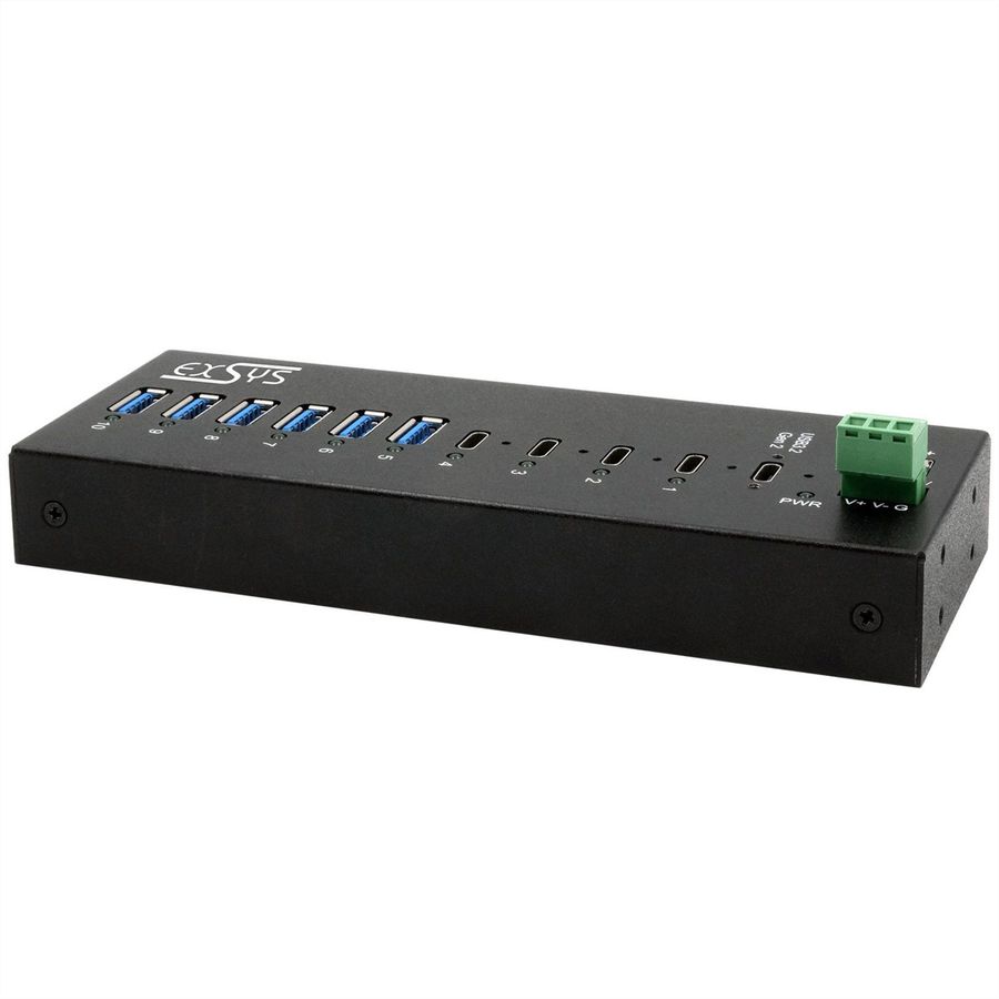 EXSYS EX-12280HMS 10 Port USB 3.2 Gen 2x1 Metal HUB, 4x USB-C, 6x USB-A 3.2 Gen 1, for desk, wall and DIN-Rail mounting