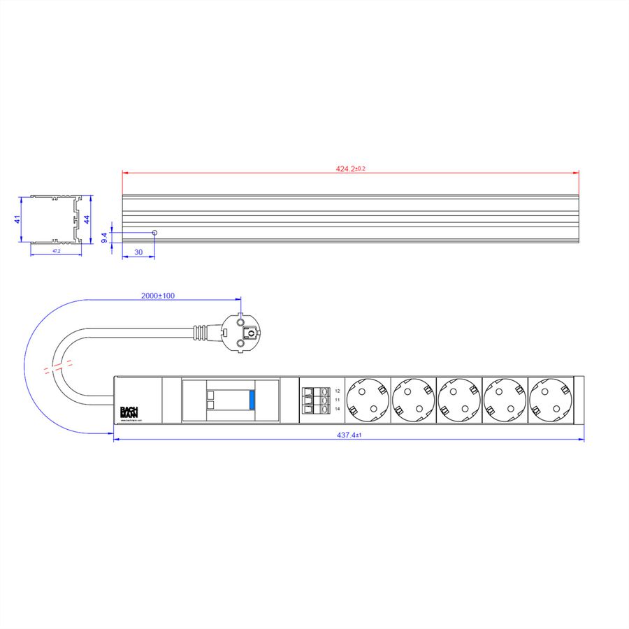 BACHMANN 19" 1HE 5xCEE7/3 1xSPD Citel , 2,0m H05VV-F 3G1,50mm zwart