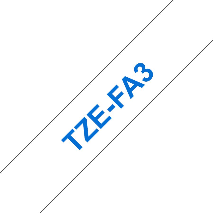 Brother Originele TZe-FA3 textieltapecassette – blauw op wit, breedte 12 mm