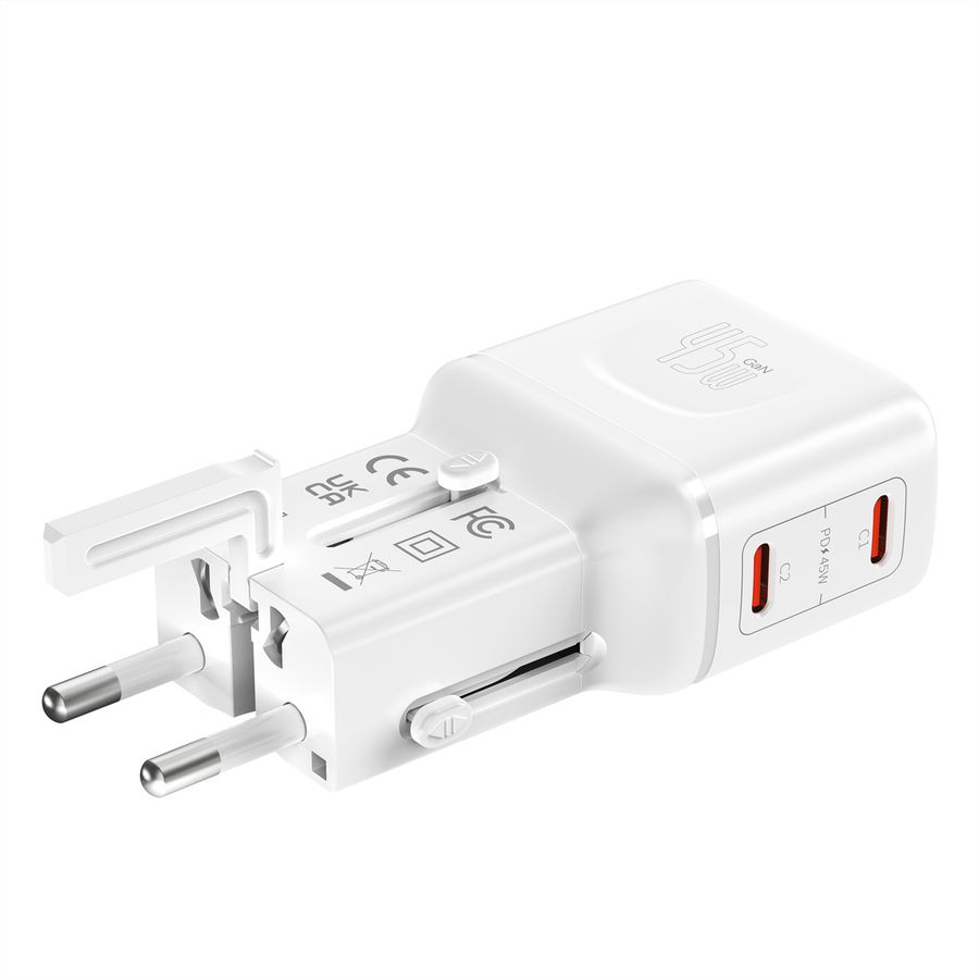 VALUE reisoplader met platte Euro/UK/US stekker, 2 USB-C-poorten, 45 W