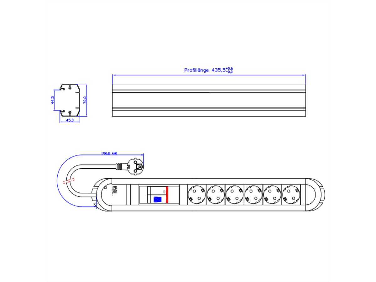 BACHMANN PRIMO RCD stekkerdoos 6x geaard contact 1xRCD gezekerd, aluminium, 2 m