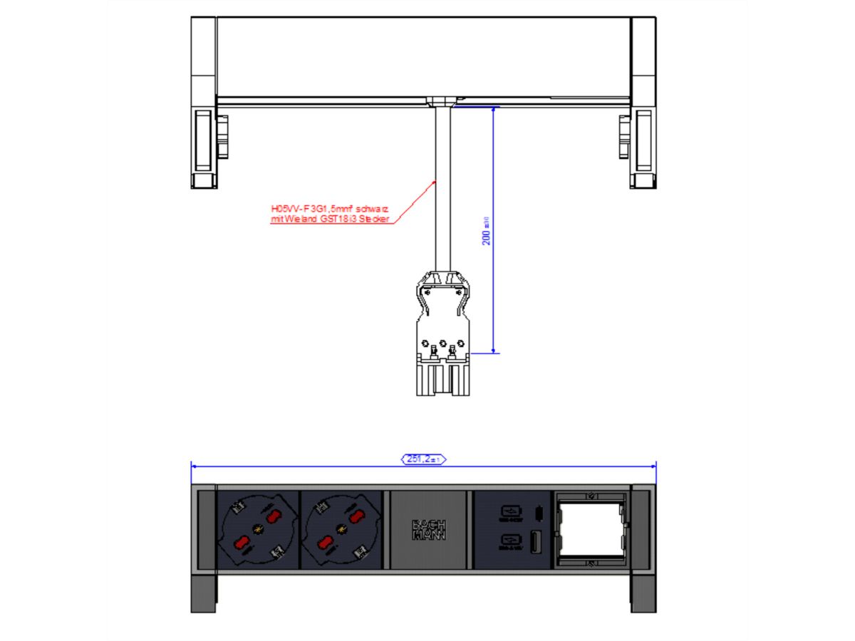 BACHMANN DESK2 ALU ZWART 2xP40 1xCM, 1xUSB A&C 22W 0,2m GST18 Italië