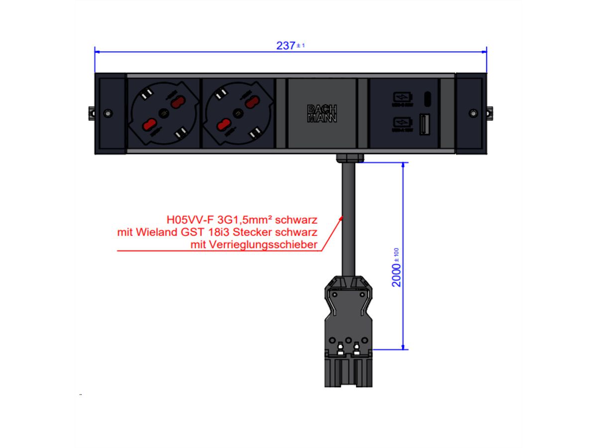 BACHMANN DESK RAIL 2xP40 1xUSB A&C, 2,0m GST18 Italië