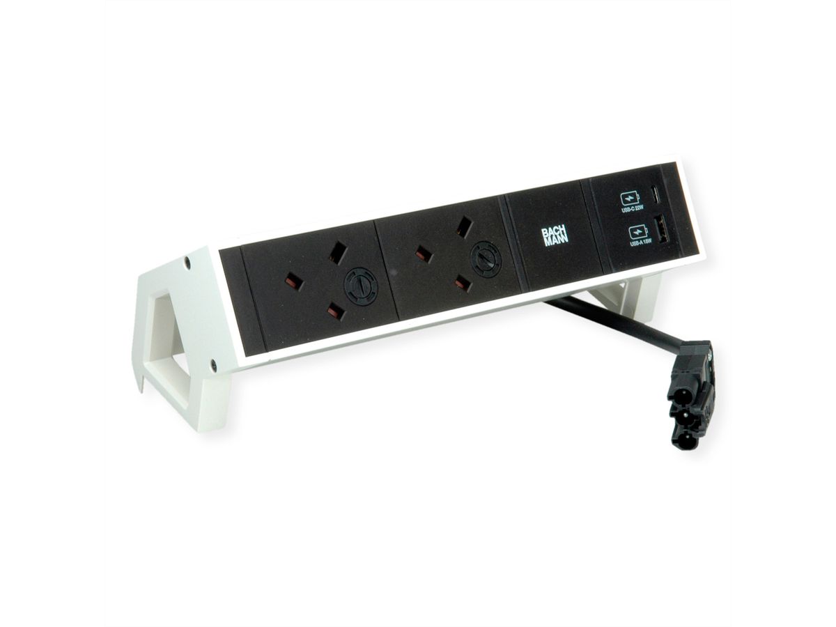 BACHMANN DESK2 2xUK 1xUSB A/C 22W, 0.2m GST18 RAL9010 United Kingdom